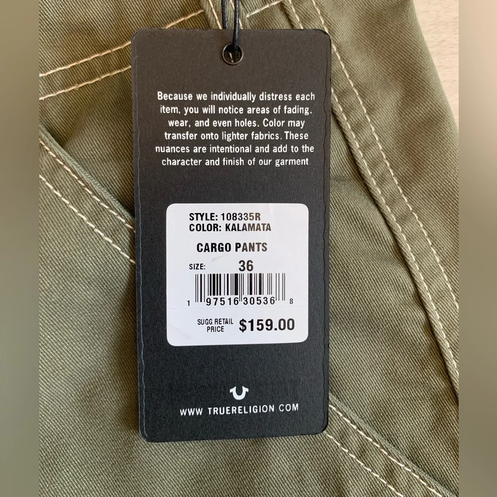 True‎ Religion Men Pants Size 36 Baggy Cargo Pants NWT Color Kalamata